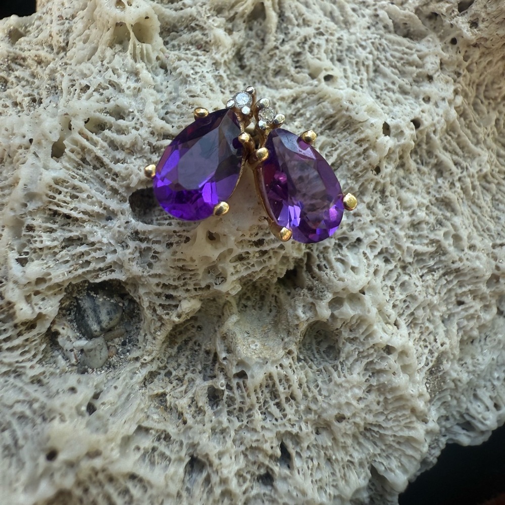 Solid 10k Yellow Gold Pear Amethyst and Diamond Statement Stud Earrings
